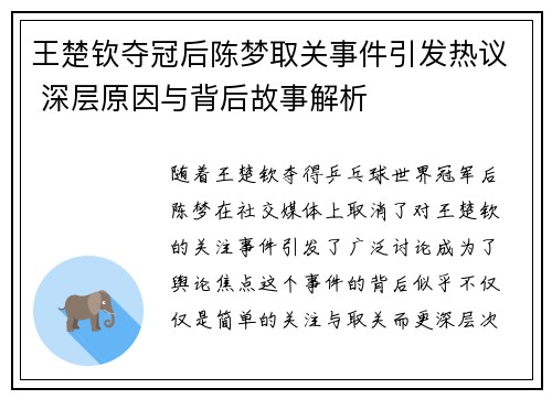 王楚钦夺冠后陈梦取关事件引发热议 深层原因与背后故事解析